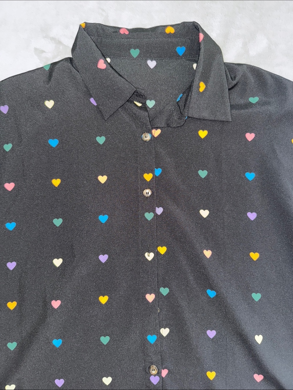 SHEIN Black Button-Down Blouse with Multicolor Heart Print